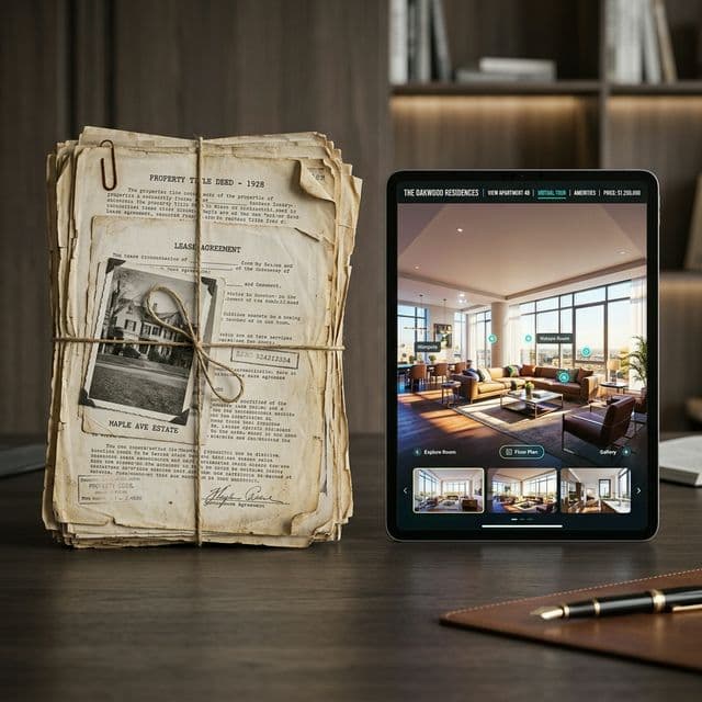 Ein Tablet mit einer modernen interaktiven Website neben einem ausgedruckten PDF