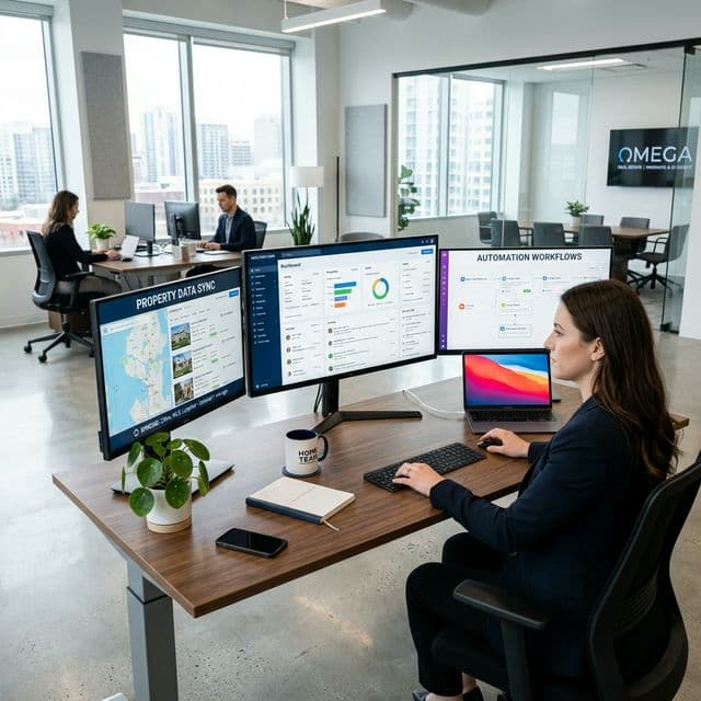 Aufgeräumter, moderner Schreibtisch mit mehreren Bildschirmen und Dashboards