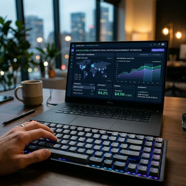 Nahaufnahme einer Hand an einer Tastatur in einem ästhetischen Tech-Umfeld