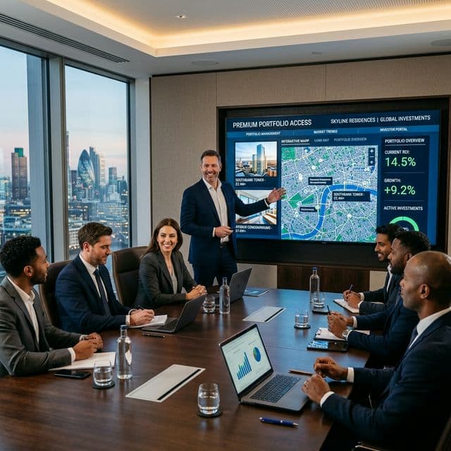 Steigender Graph auf einem Tablet neben Bauplänen