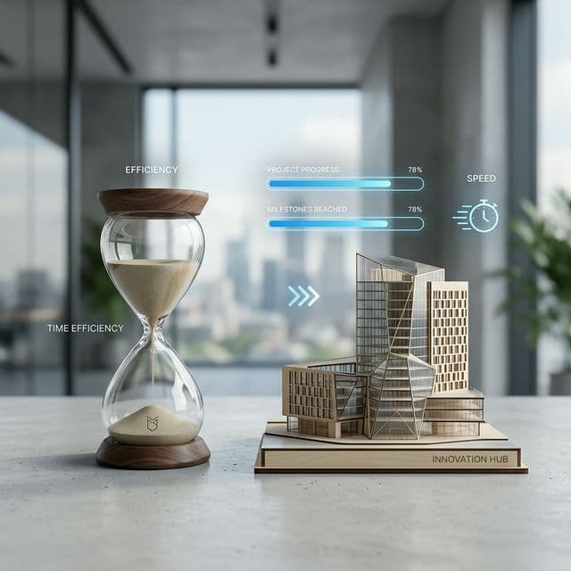 Abstraktes Bild einer Sanduhr neben einem modernen Gebäude